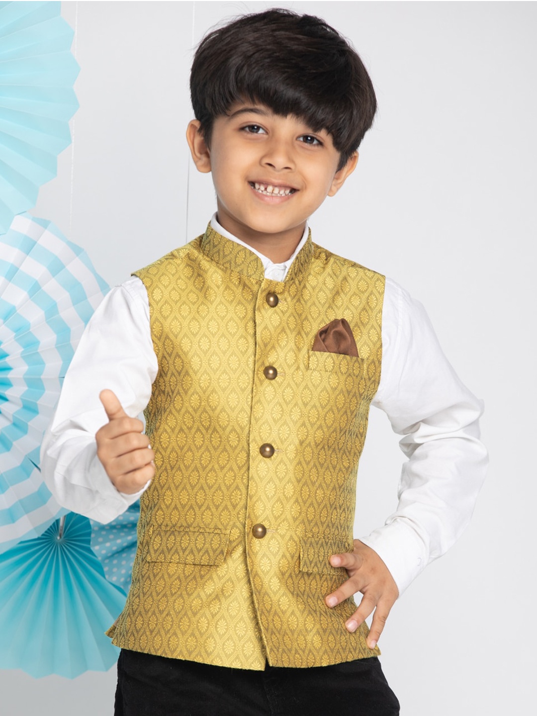 

VASTRAMAY Boys Yellow Woven Design Slim-Fit Nehru Jacket