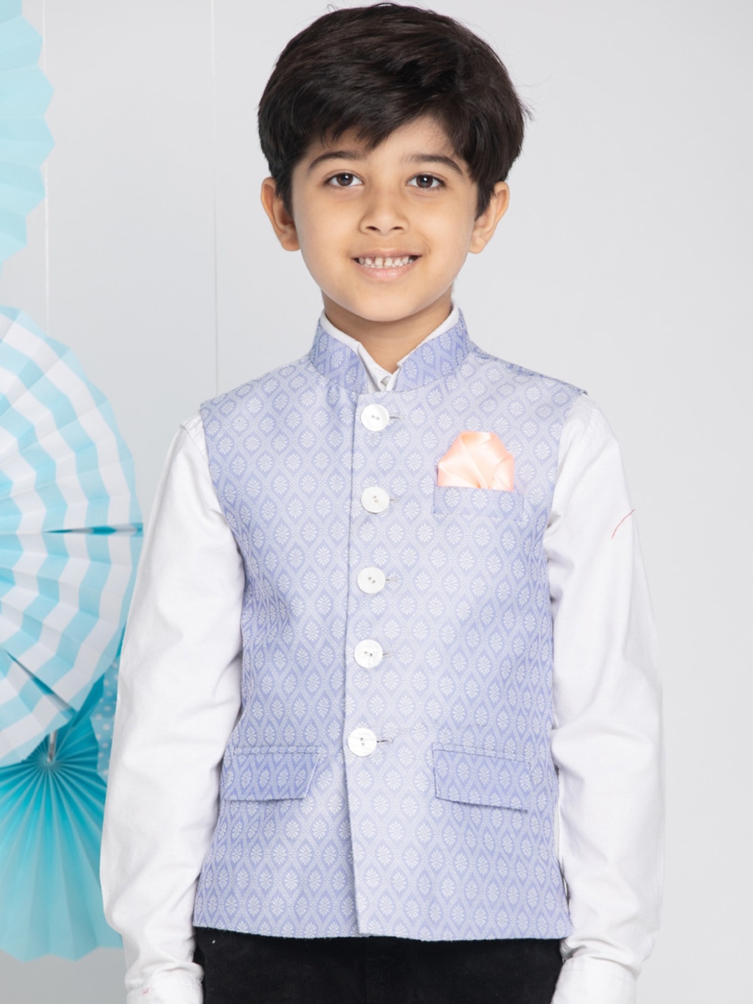 

VASTRAMAY Boys Lavender & White Woven Design Banarasi Nehru Jacket