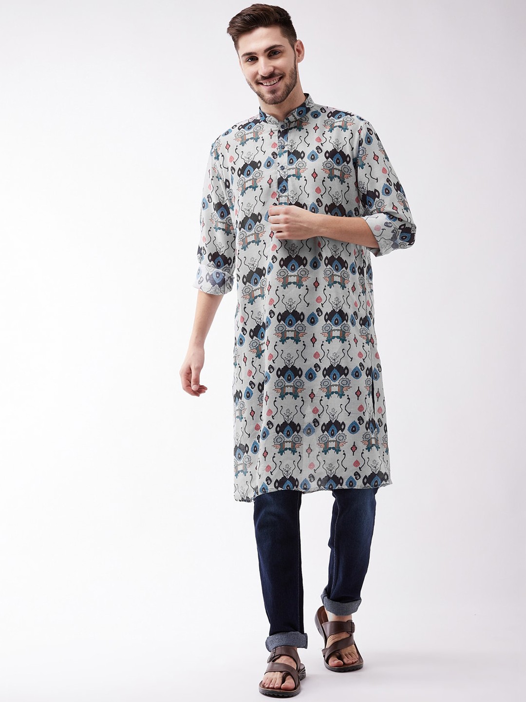 

VASTRAMAY Men Grey & Blue Abstract Printed Thread Work Pathani Kurta