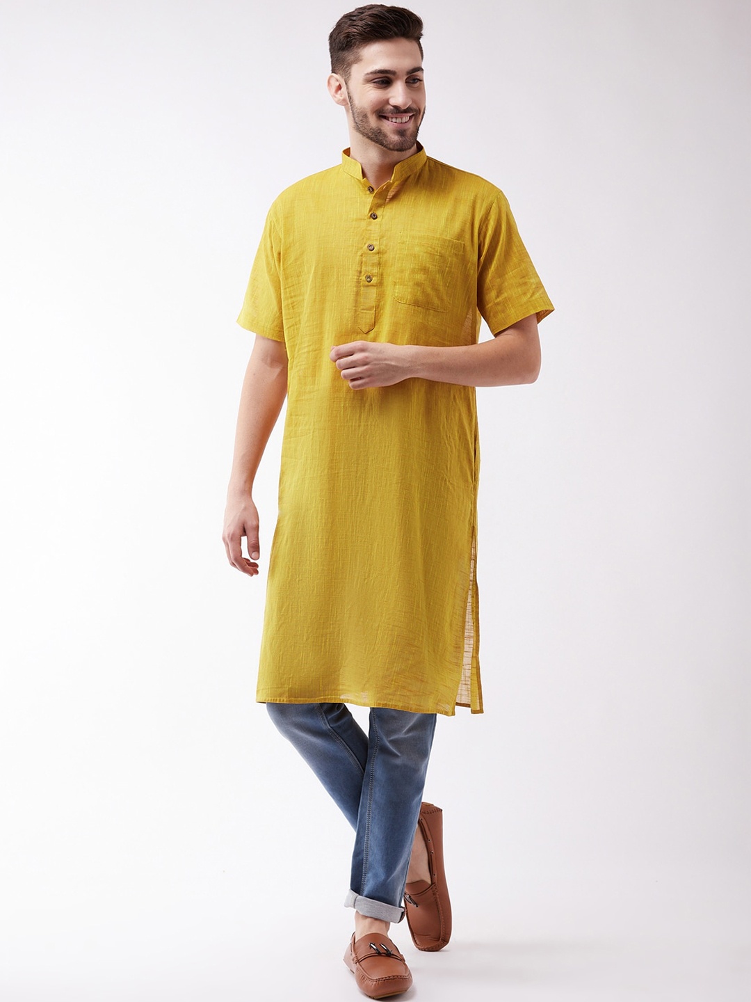 

VASTRAMAY Men Yellow Pure Cotton Kurta