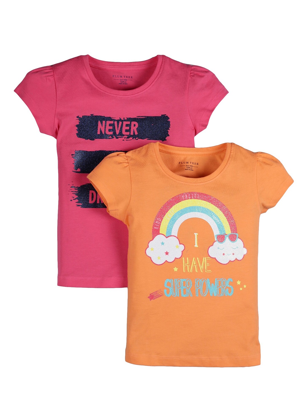 

PLUM TREE Girls Pack of 2 Graphic Printed T-shirts, Pink