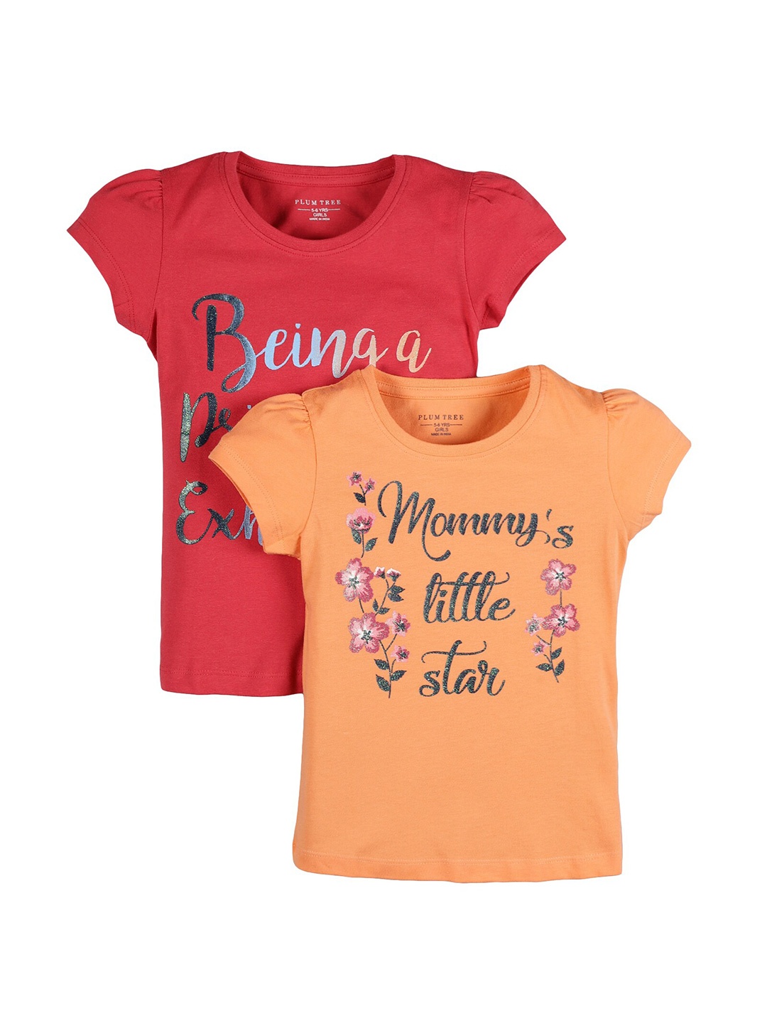 

PLUM TREE Girls Set-2 Red Typography Printed Pure Cotton T-shirt