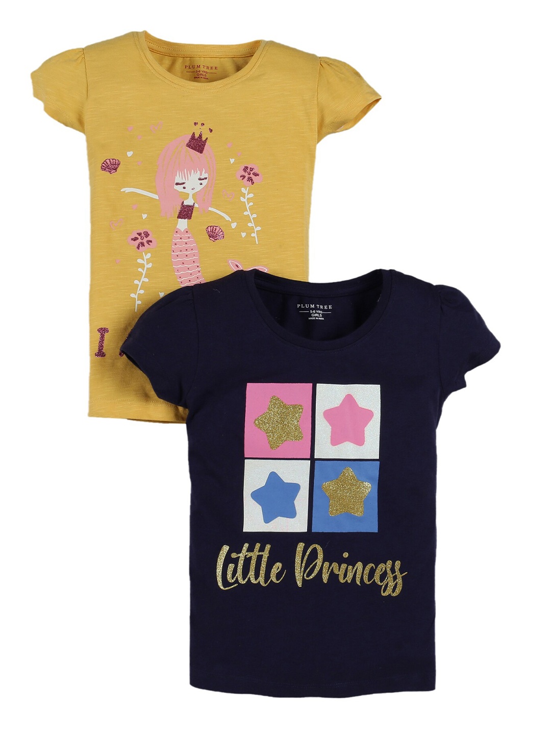 

PLUM TREE Girls Pack of 2 Yellow Navy Blue Cotton Printed Pure Cotton T-shirt