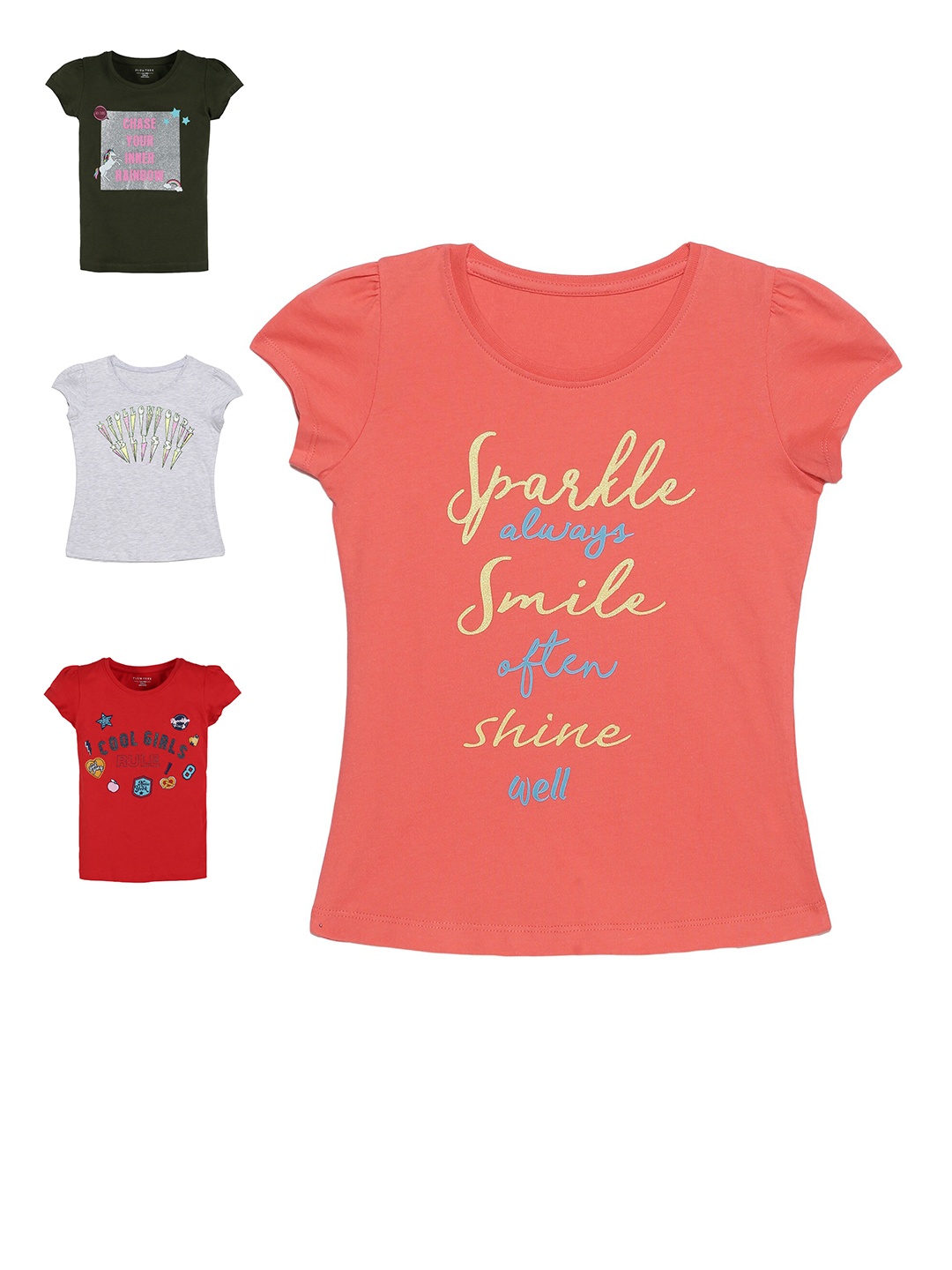 

PLUM TREE Girls Pack of 4 Typography Printed T-shirts, Multi