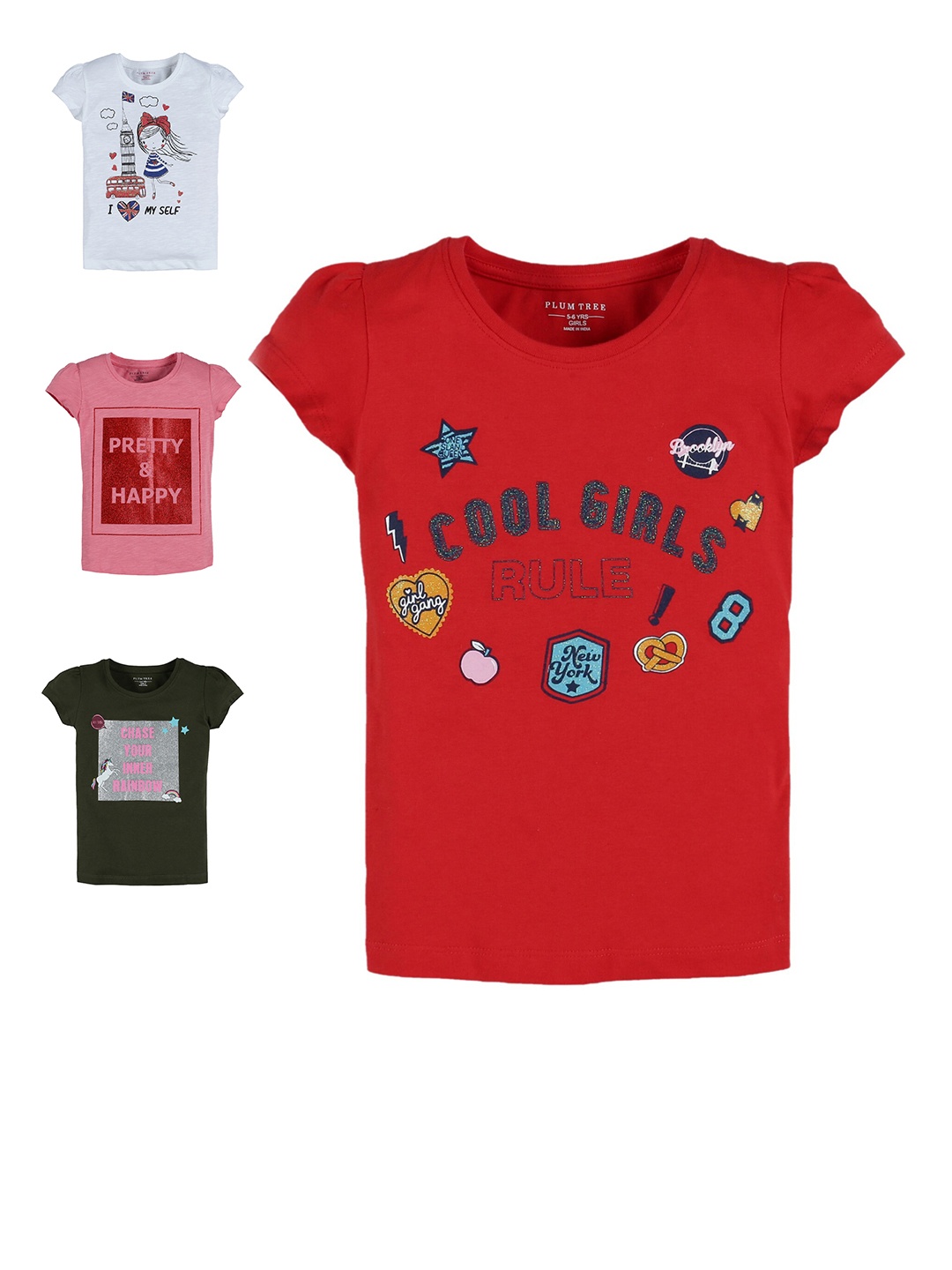 

PLUM TREE Girls Set of 4 Red & White Printed Puff Sleeves T-shirts