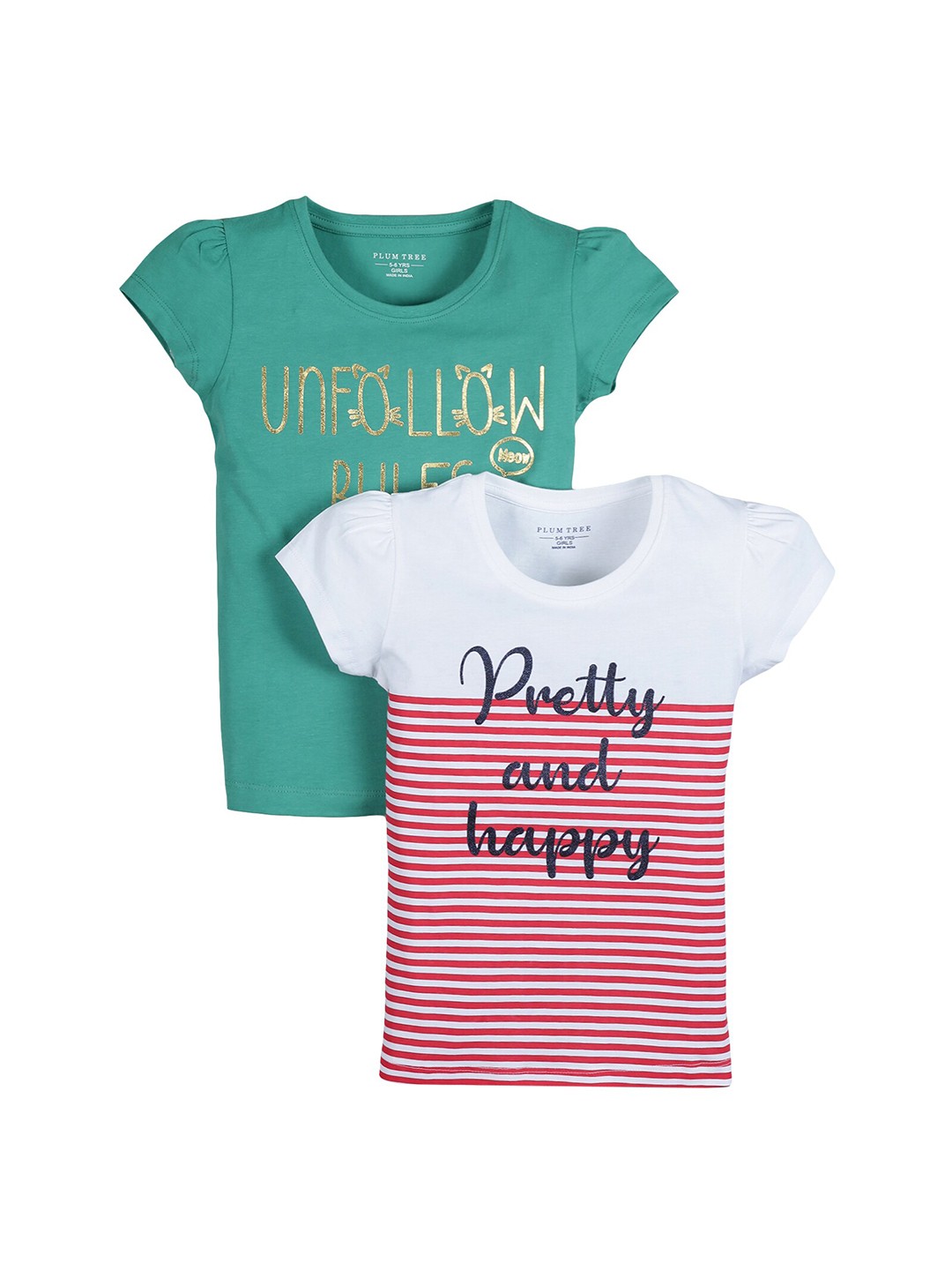 

PLUM TREE Girls Pack of 2 Green White Typography Printed Pure Cotton T-shirt