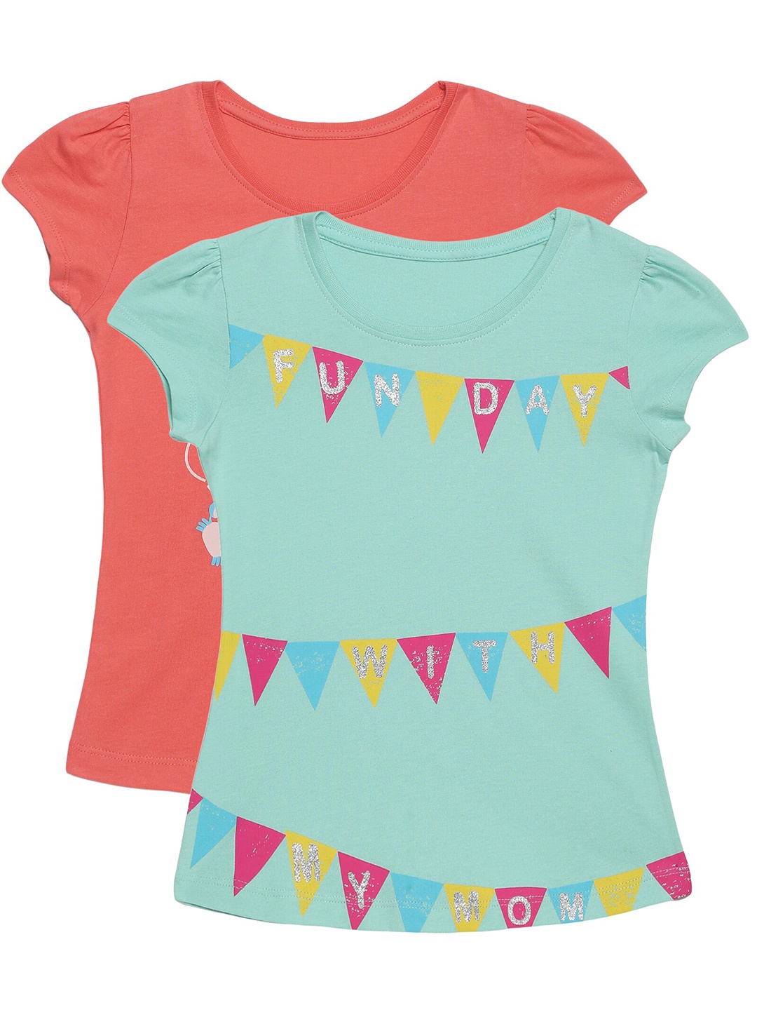 

PLUM TREE Girls Set-2 Blue Orange Printed Pure Cotton T-shirt