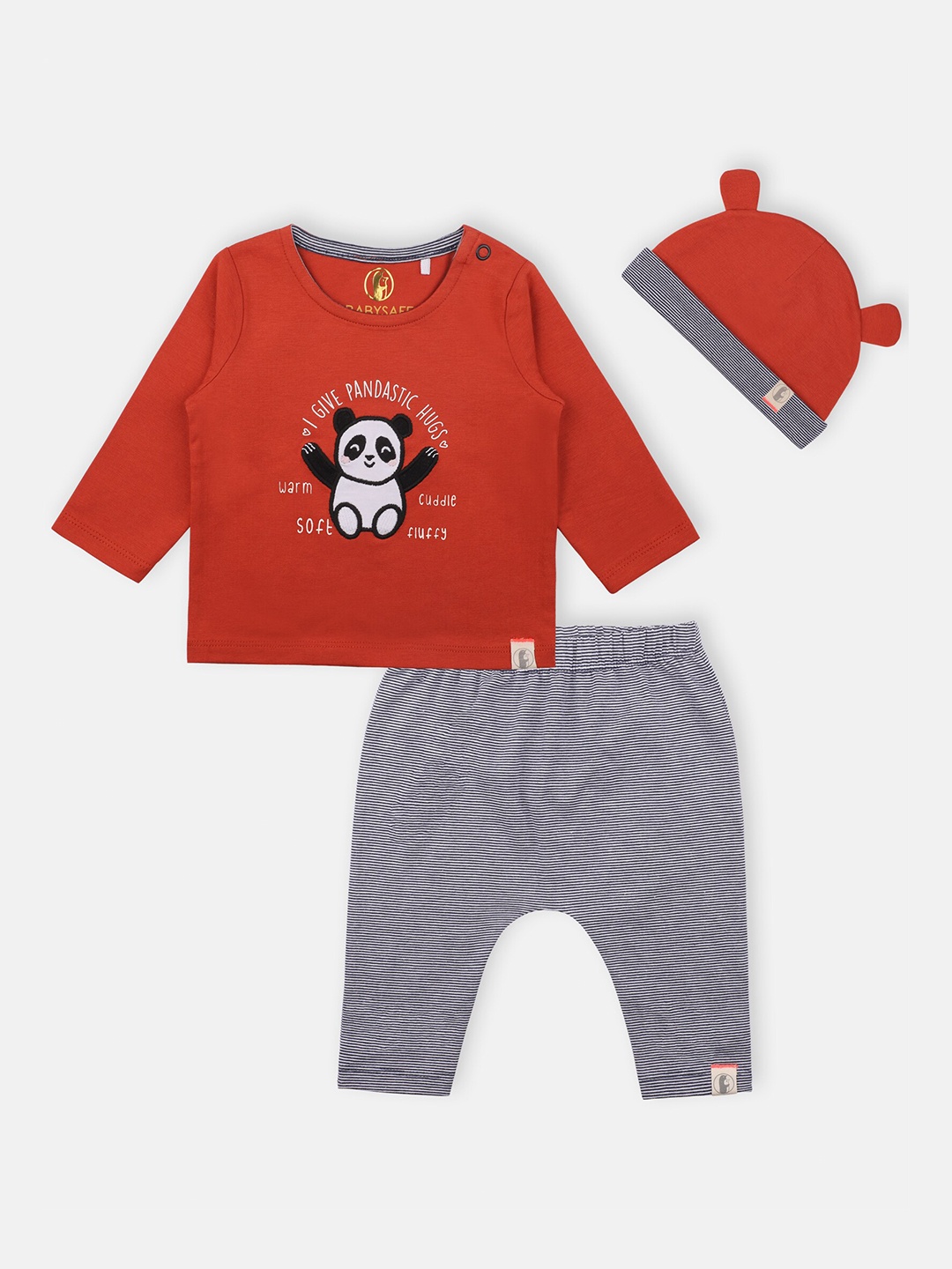 

Babysafe Boys Red & Grey Panda Graphic Printed T-shirt with Trousers & Cap