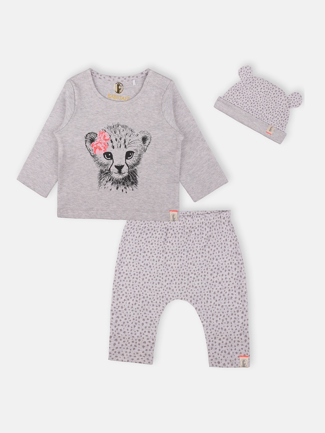 

Babysafe Boys Grey Melange & Black Printed Pure Cotton T-shirt with Capris & Beanie