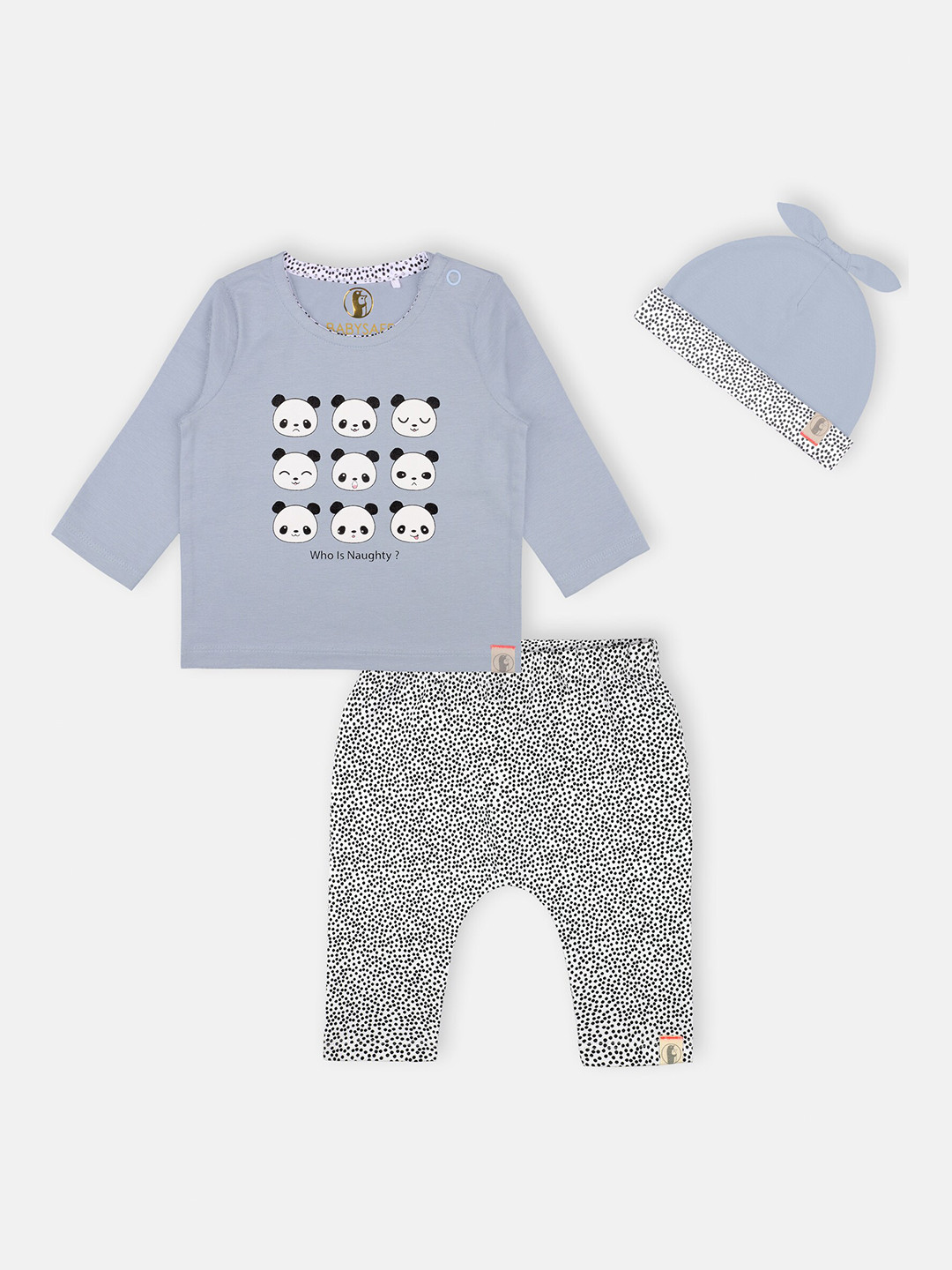 

Babysafe Boys Blue & White Printed Pure Cotton T-shirt with Trousers & Cap
