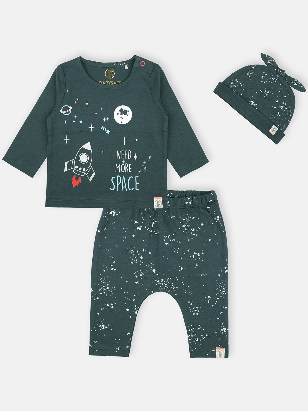 

Babysafe Boys Blue Pure Cotton Printed T-Shirt & Pyjamas With Cap, Green