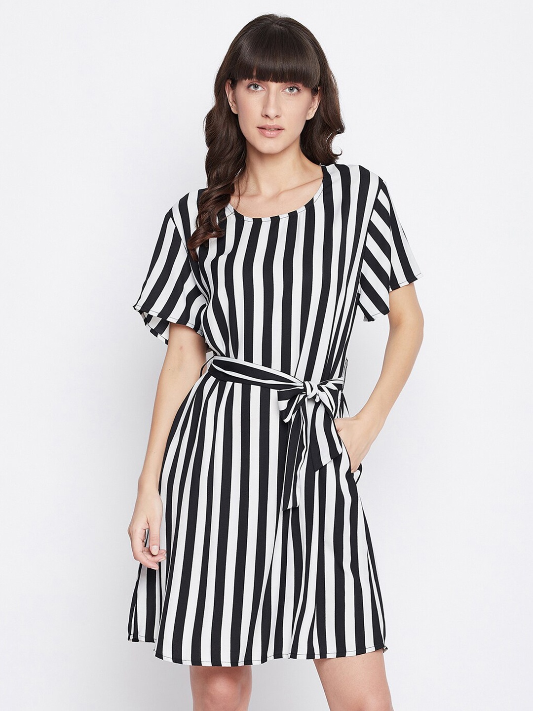 

Clovia Women White & Black Striped Crepe Knee Length Nightdress