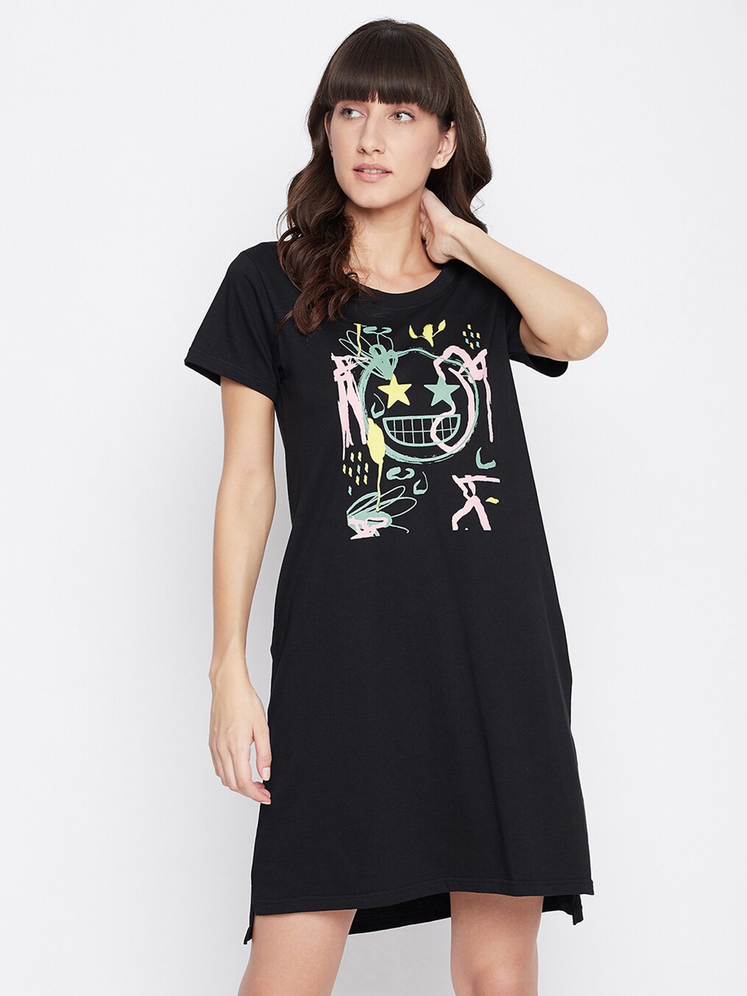 

Clovia Black Printed T-shirt Nightdress