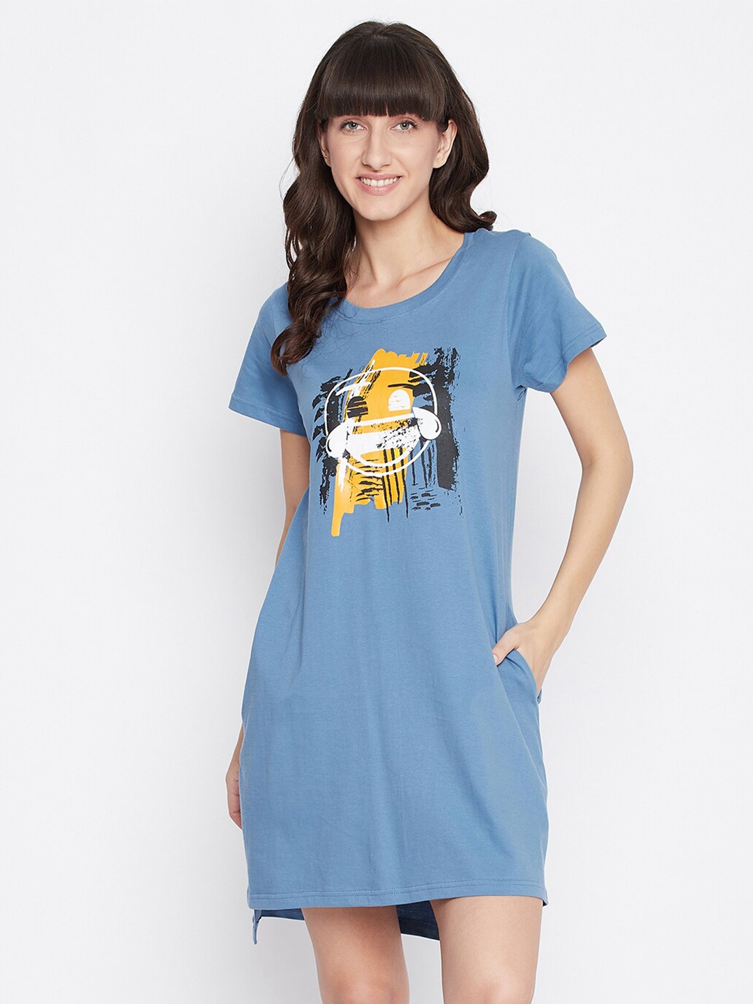 

Clovia Blue Graphic Printed Pure Cotton T-shirt Nightdress