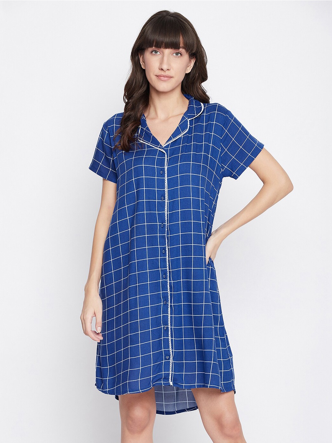 

Clovia Women Blue Rayon Button Me Up Checked Short Nightdress