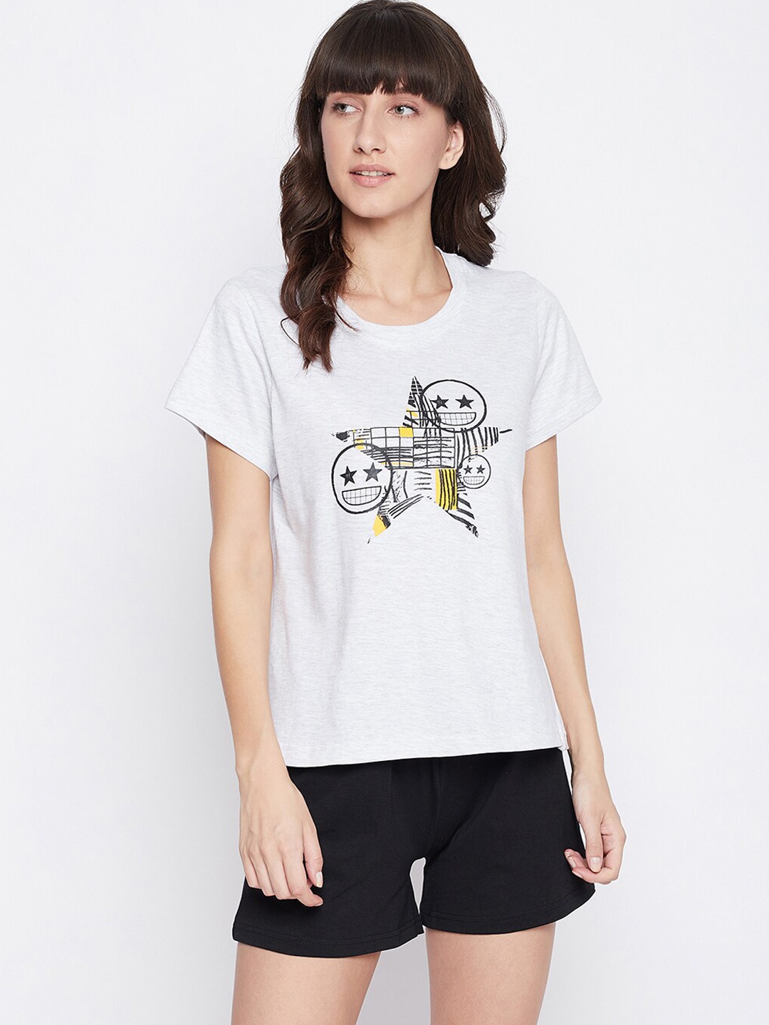 

Clovia Women Grey & Black Printed Pure Cotton T-shirt & Basic Shorts Set