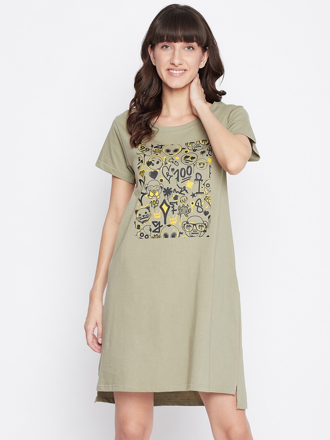 

Clovia Women Olive Green Printed Cotton T-Shirt Nightdress With Pocket