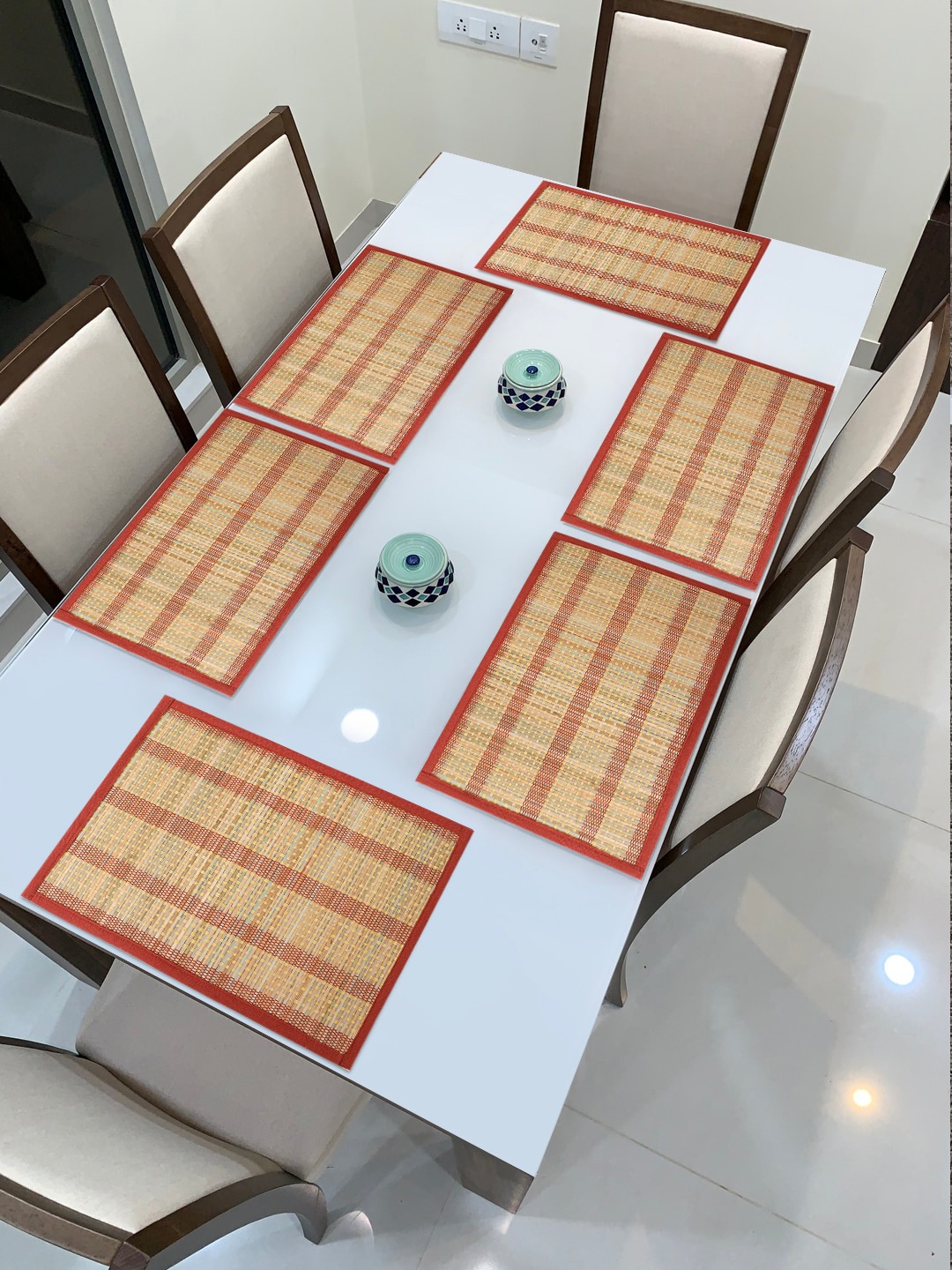 

HomeStorie Set Of 6 Tan Brown & Red Striped Handmade Eco-Friendly Table Placemats