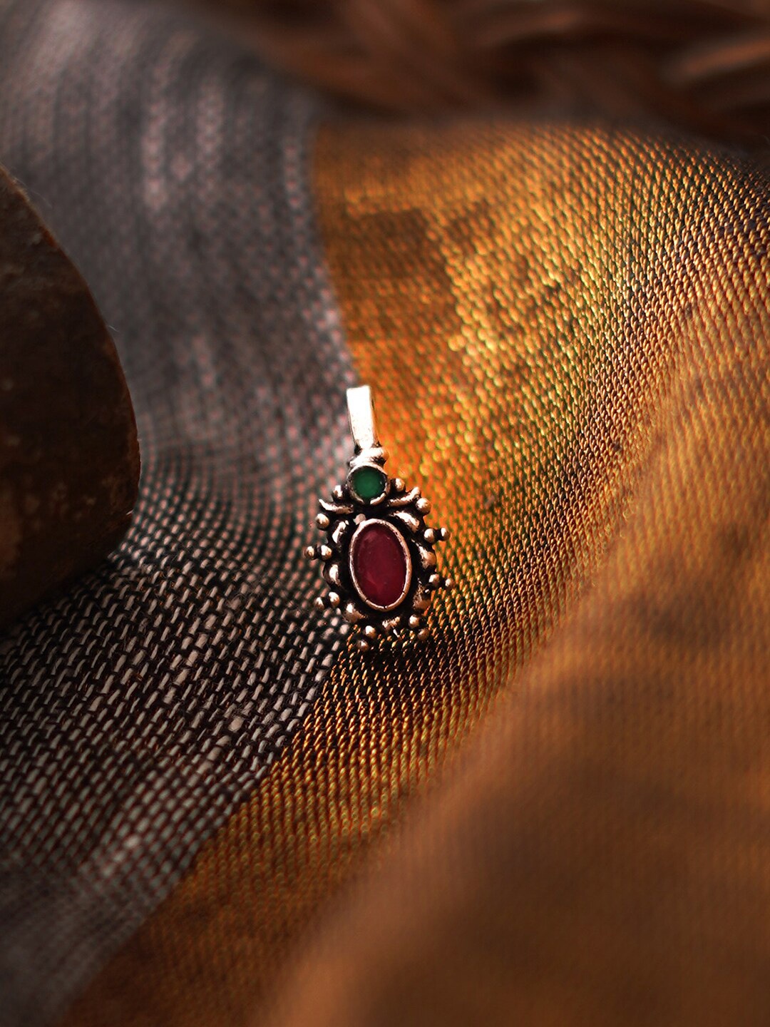 

TEEJH Oxidised Silver-Plated Pink & Green Stone-Studded Parthavi Nose Pin