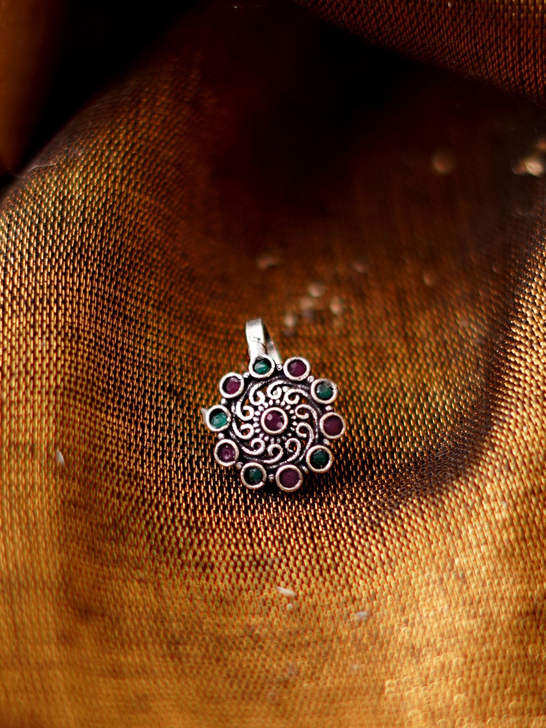 

TEEJH Oxidised Silver-Plated Pink & Green Stone-Studded Soumya Nose Pin