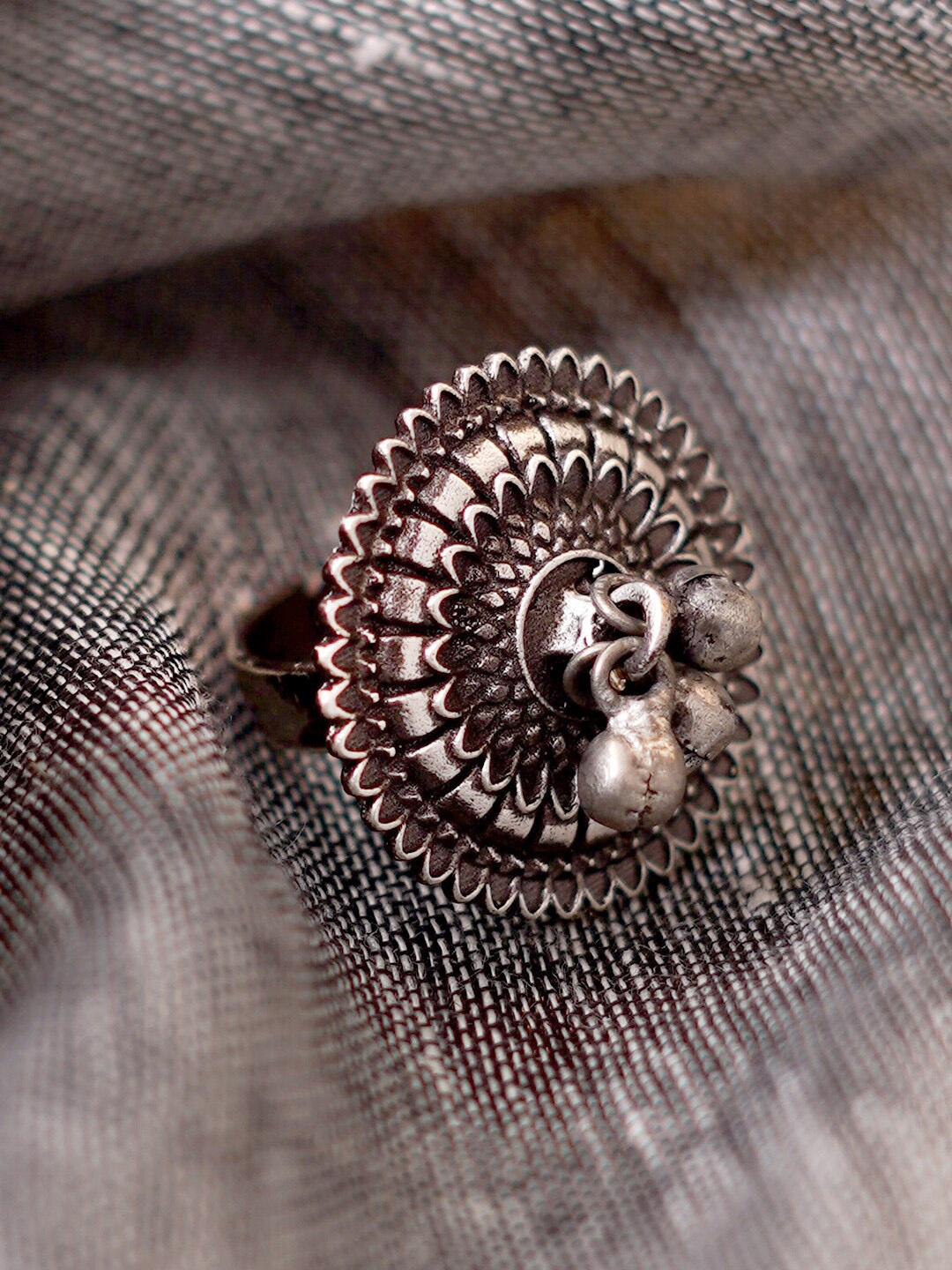

TEEJH Oxidised Silver-Plated Adjustable Ghunghroo Finger Ring