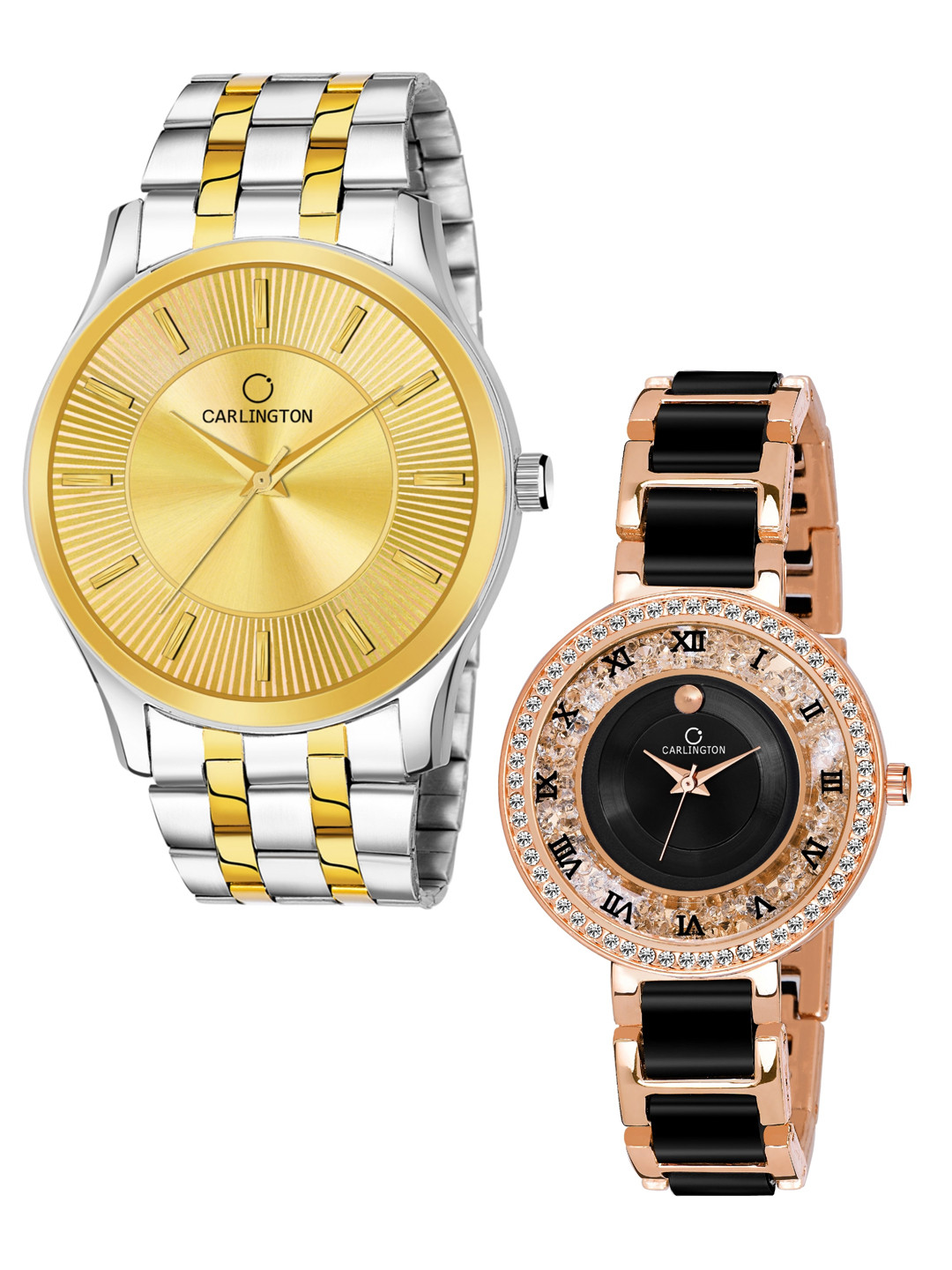 

CARLINGTON His & Her Gold & Black Embellished Dial Bracelet Style Straps Analogue Watches