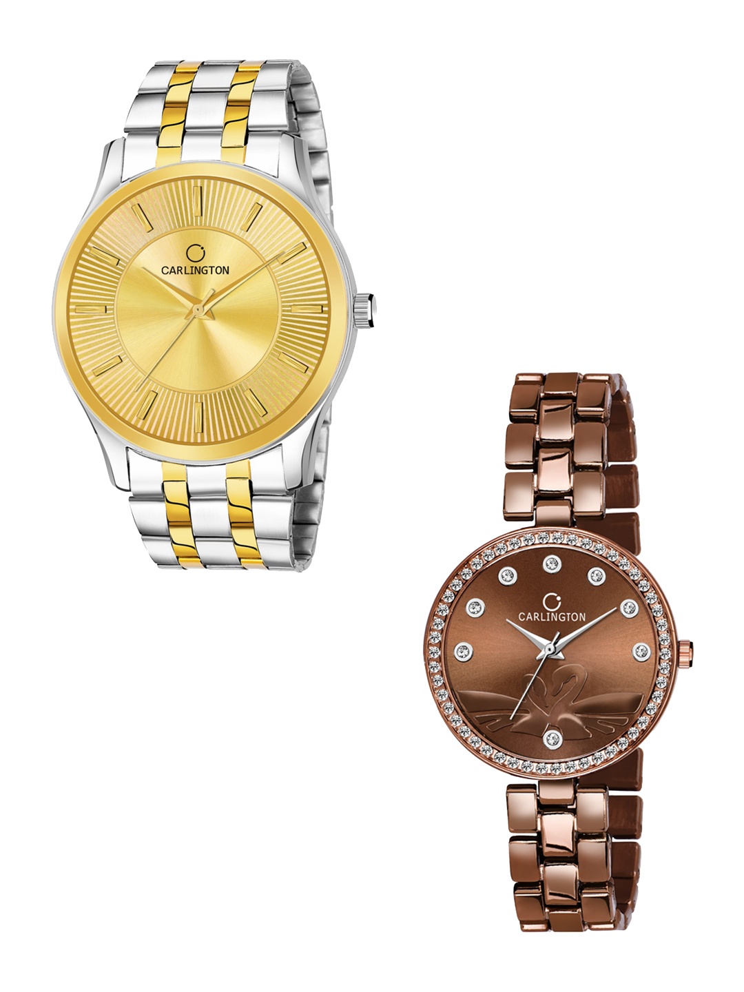 

CARLINGTON Unisex His & Her Stainless Steel Bracelet Style Straps Analogue Watch, Gold