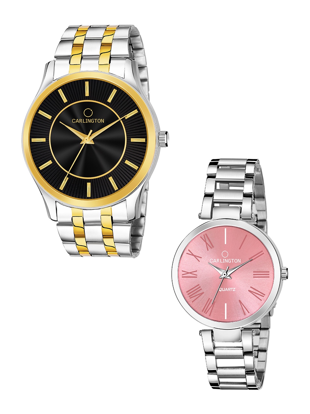 

CARLINGTON Unisex Combo of 2 Stainless Steel Bracelet Style Straps Analogue Watch, Black