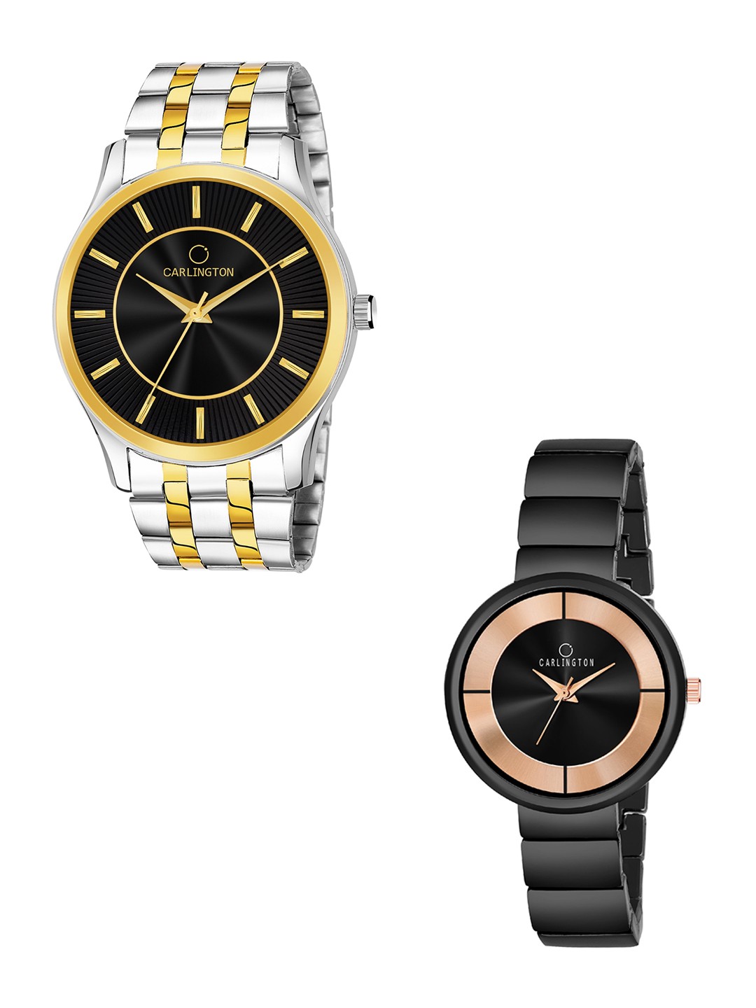 

CARLINGTON Unisex Set of 2 Black Dial & Stainless Steel Bracelet Analogue Watches
