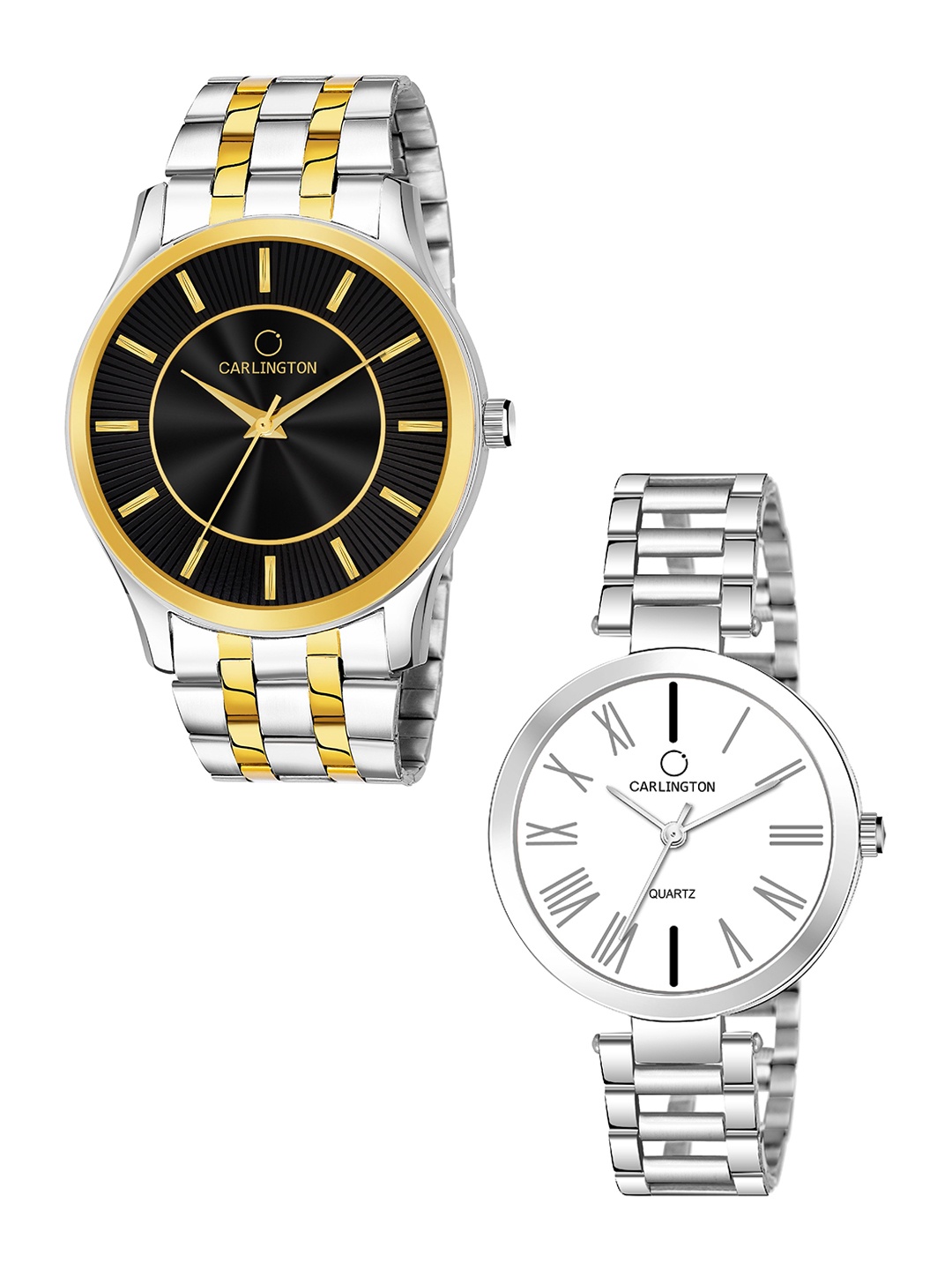 

CARLINGTON Unisex Combo of 2 Stainless Steel Bracelet Style Straps Analogue Watch, Black