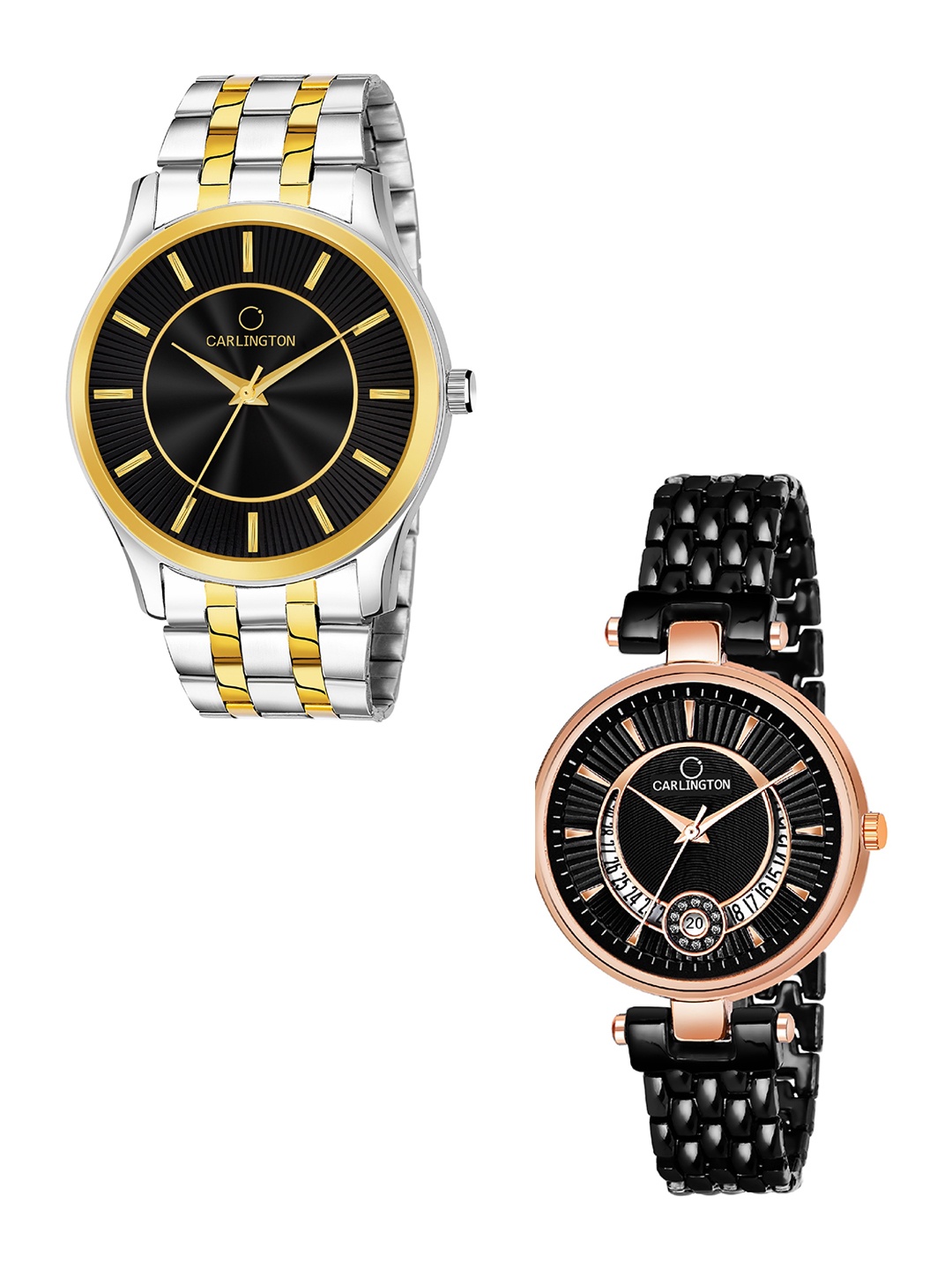 

CARLINGTON Unisex Set of 2 Black Dial & Stainless Steel Bracelet Analogue Watches