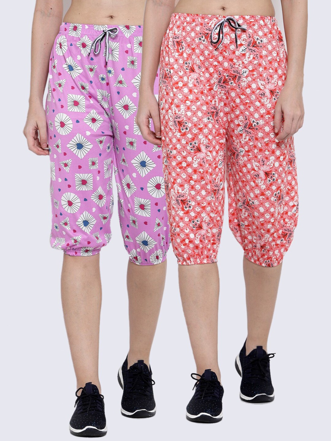 

KLOTTHE Women Pack of 2 Red & Pink Printed Capris