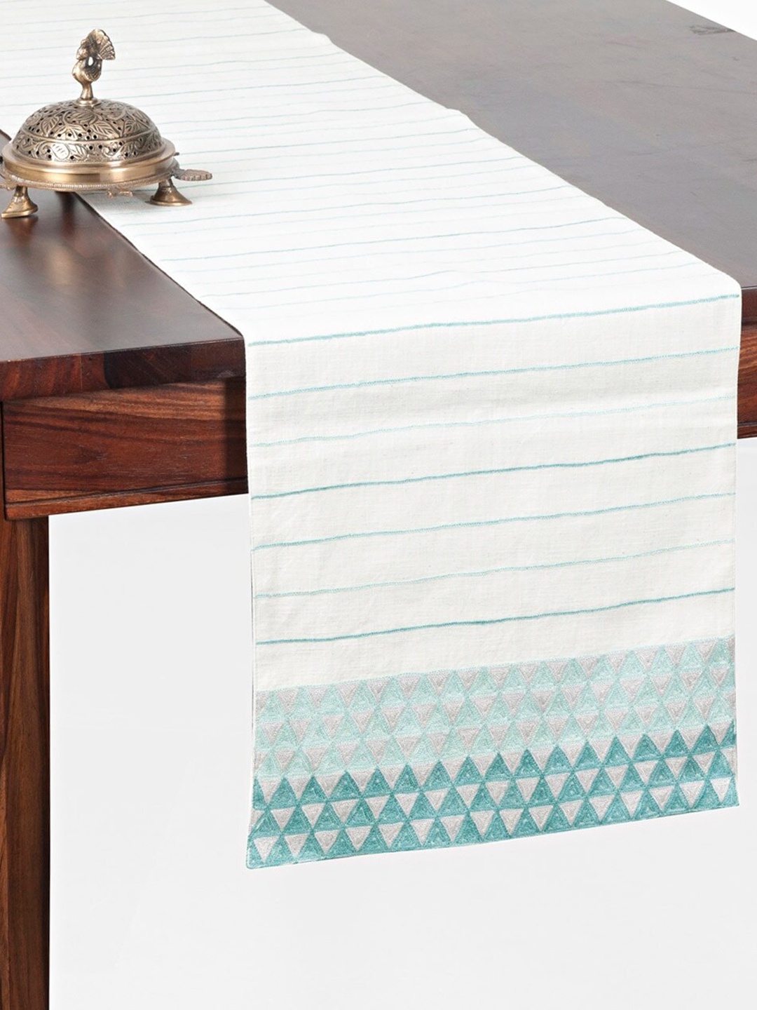

Fabindia White & Teal-Blue Embroidered Pure Cotton Table Runner