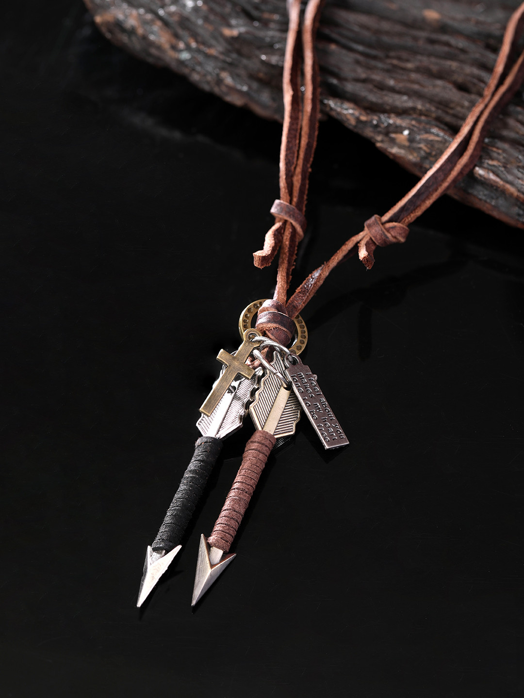 

Roadster Men Brown & Gold-Toned Tribal Roadster Arrow Pendant Faux Leather Cord Chain