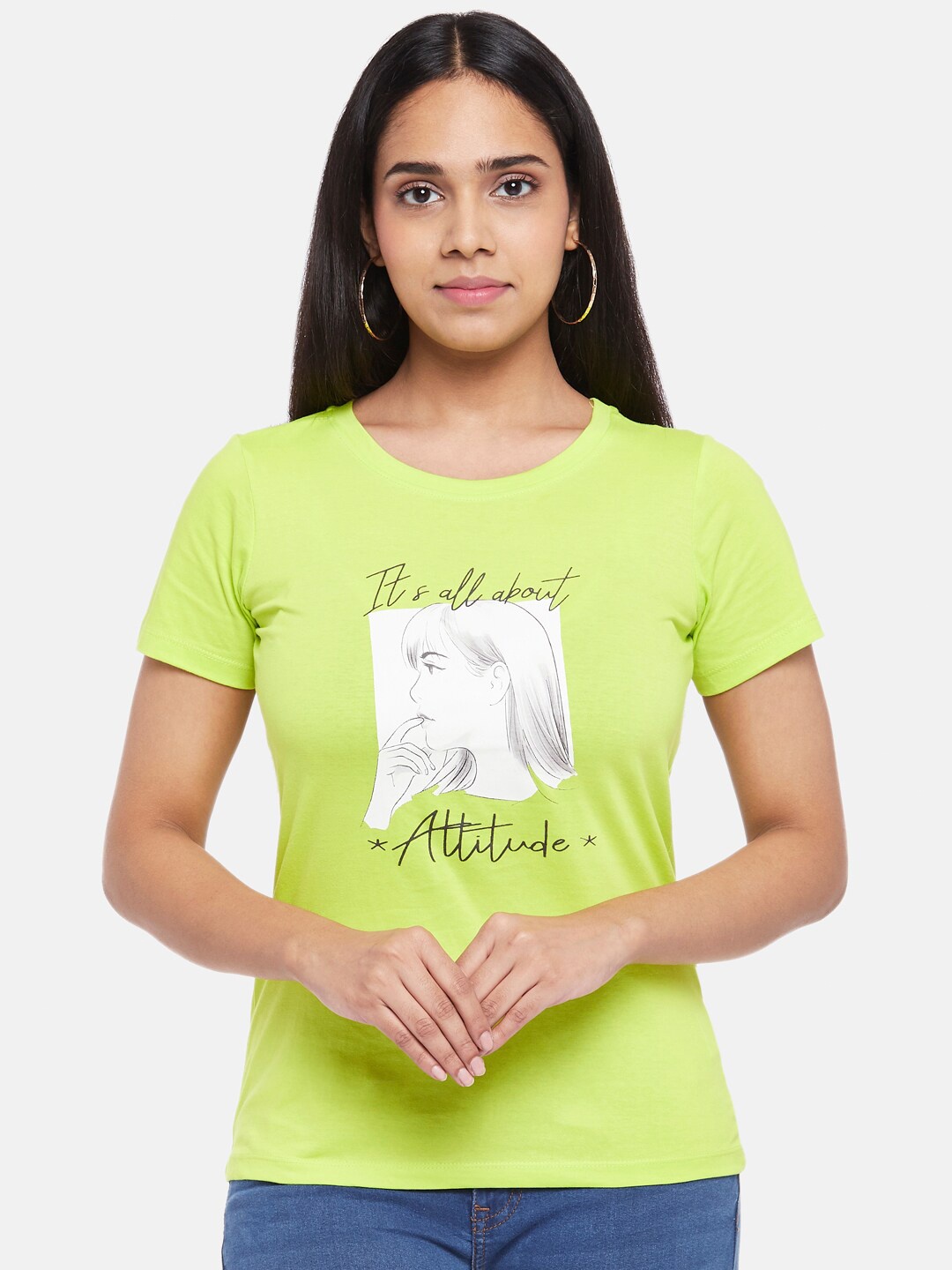 

Honey by Pantaloons Women Green & White Printed T-shirt