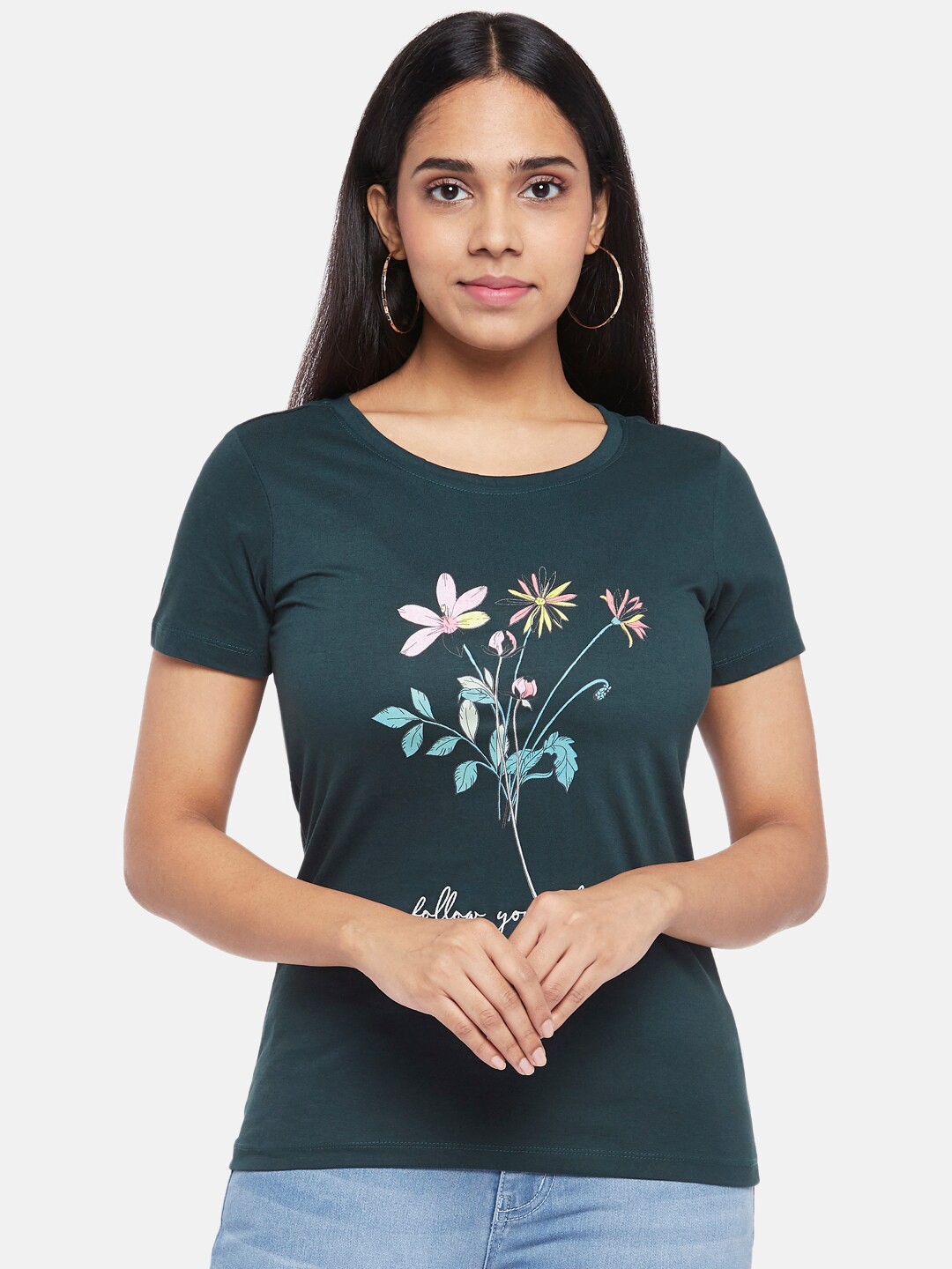 

Honey by Pantaloons Women Teal Blue Floral Printed T-shirt