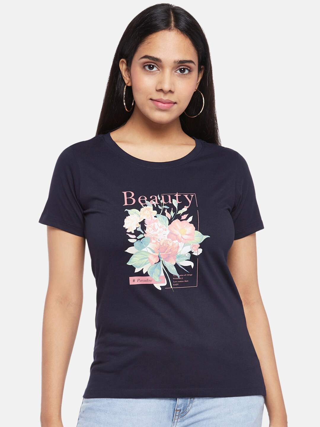 

Honey by Pantaloons Women Navy Blue Pink Printed Cotton Pure Cotton T-shirt