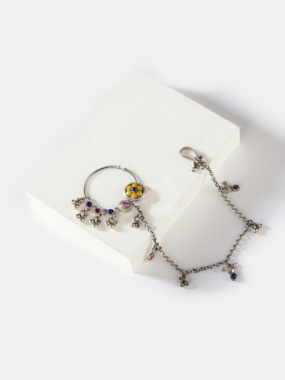 

SHAYA Oxidised Silver-Plated Blue & Pink Stone-Studded & Beaded Phulwadi Work Chained Nose Ring