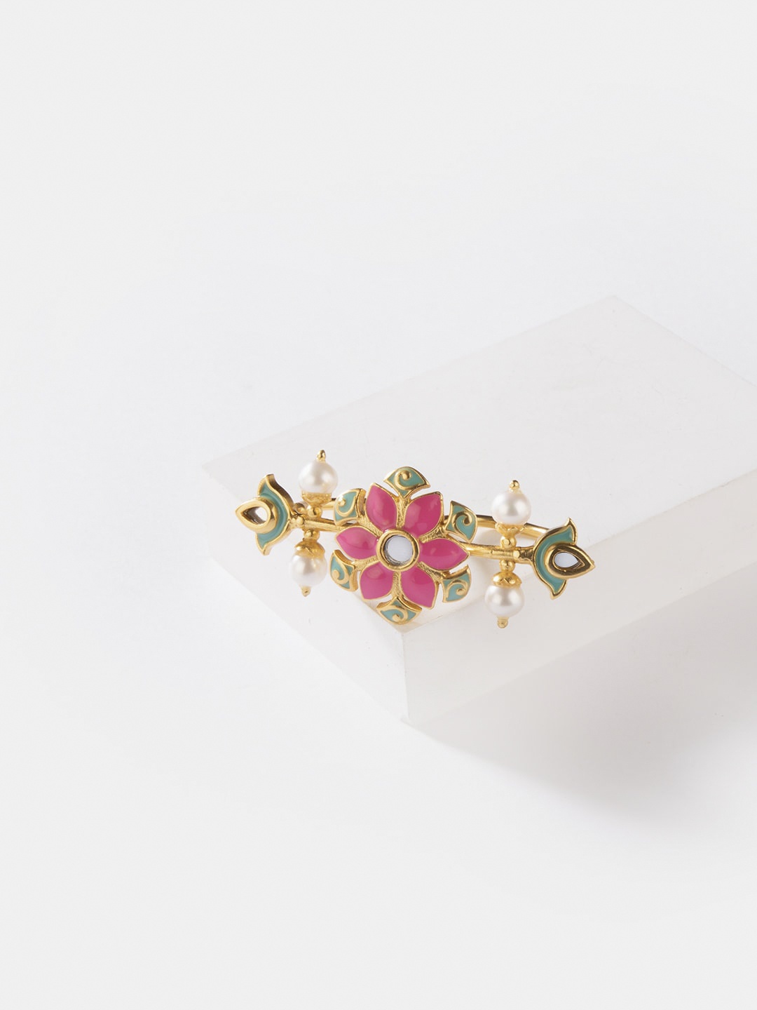 

SHAYA Women Gold-Plated Pink & Green Two Finger Brass Ring