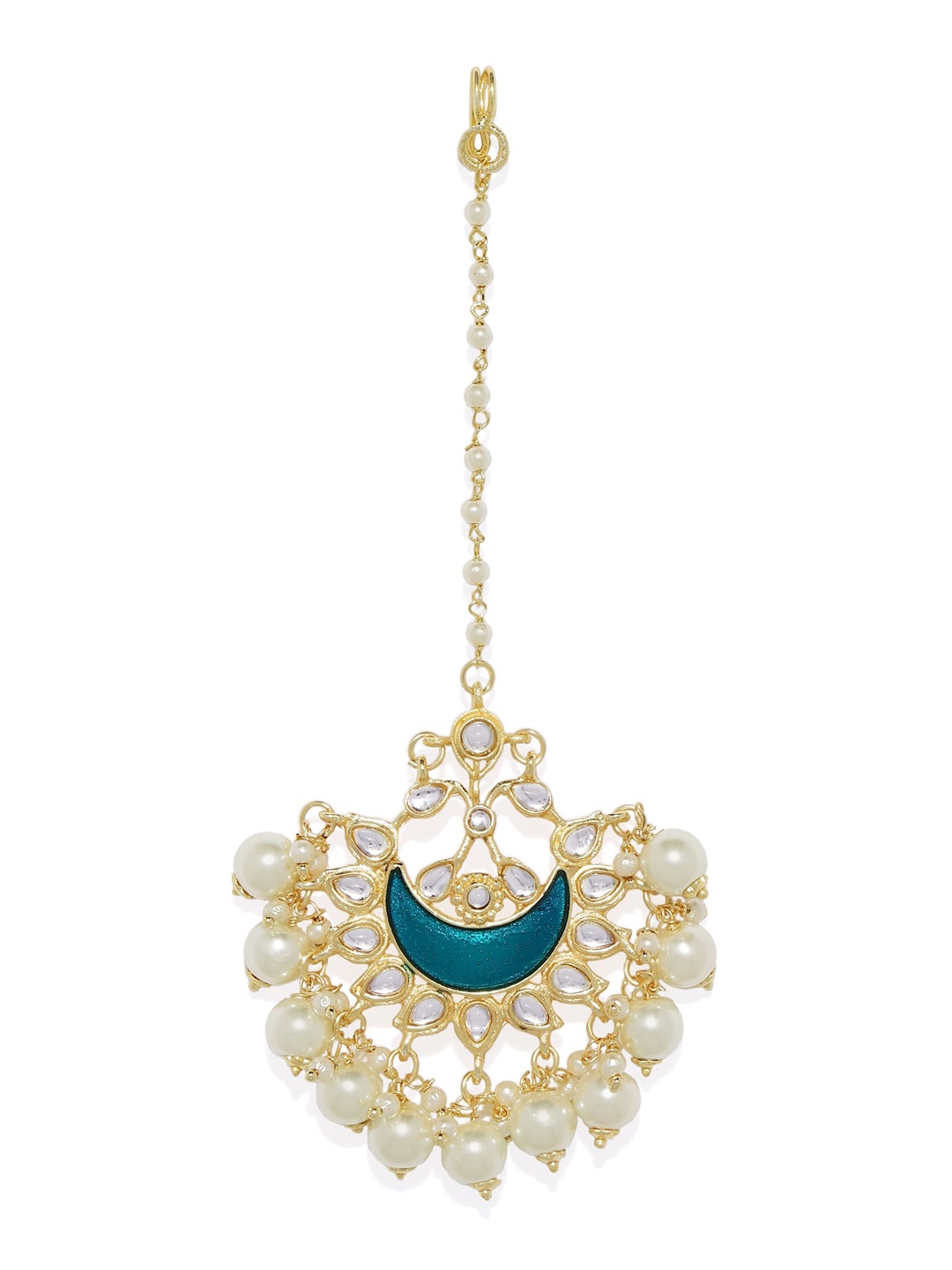 

AccessHer Gold-Plated Teal Green & White Kundan-Studded & Beaded Enamelled Maang Tikka