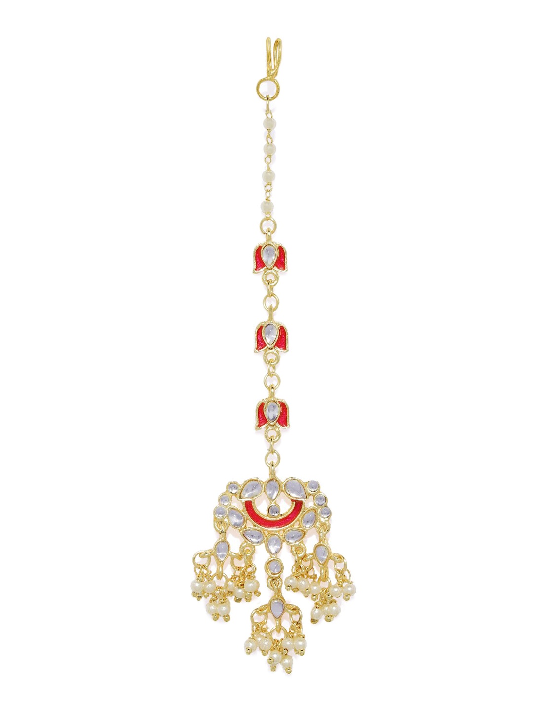 

AccessHer Gold-Plated White & Red Kundan-Studded & Beaded Meenakari Maang Tikka
