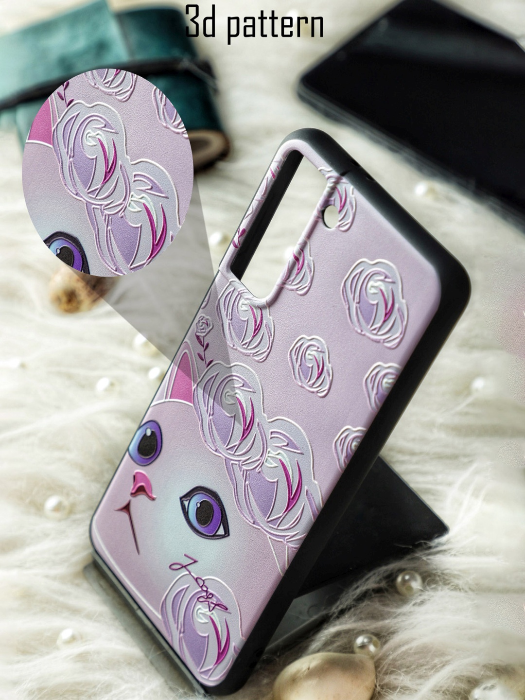 

DOOBNOOB Violet & Pink Rose Flower Kitty 3D Patterned iPhone 12 Pro Back Case