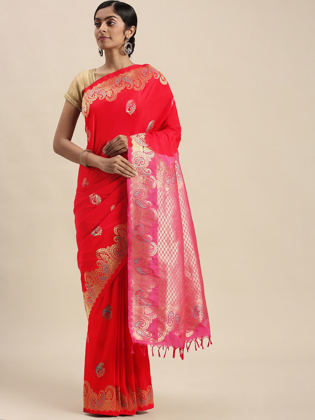 

Thara Sarees Red & Pink Ethnic Motifs Zari Art Silk Kanjeevaram Saree