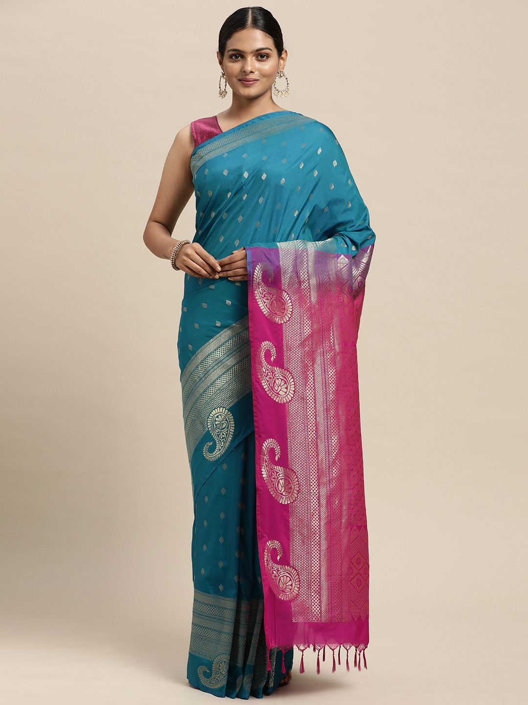 

Thara Sarees Blue & Pink Ethnic Motifs Zari Art Silk Kanjeevaram Saree