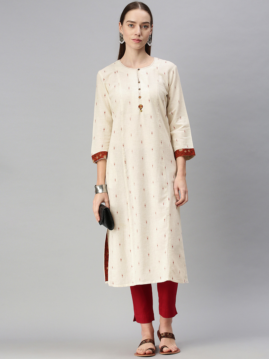 

araaliya Women Cream-Coloured Geometric Printed Kurta
