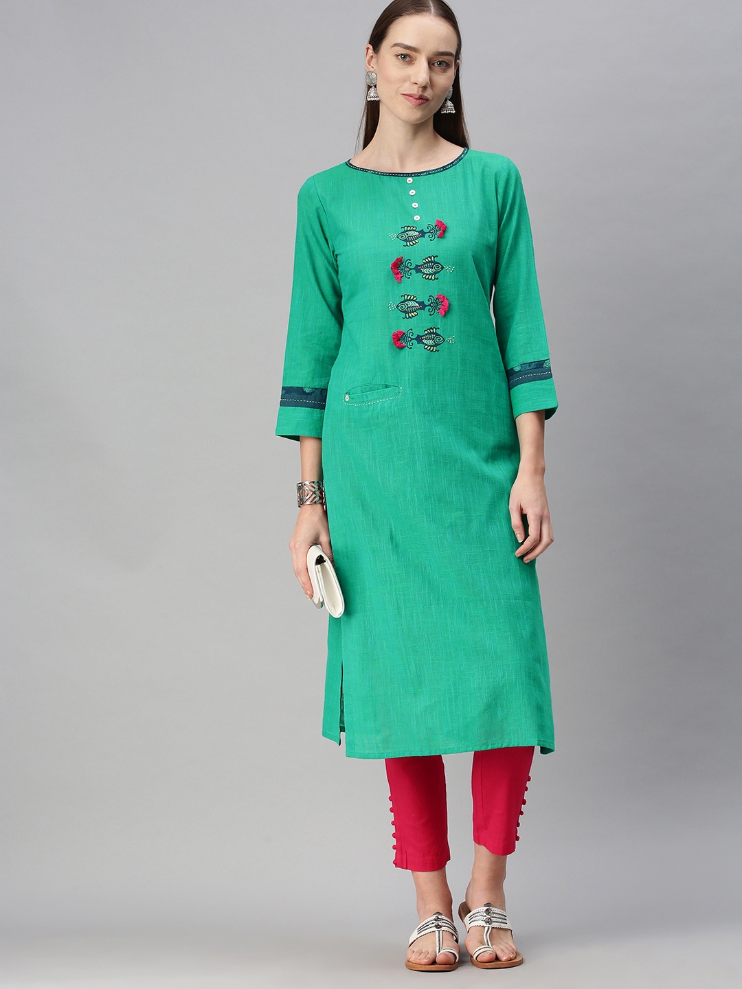 

araaliya Women Teal Thread Work Kurta