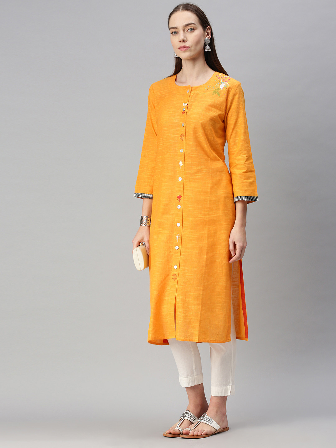 

araaliya Women Yellow Thread Work Kurta