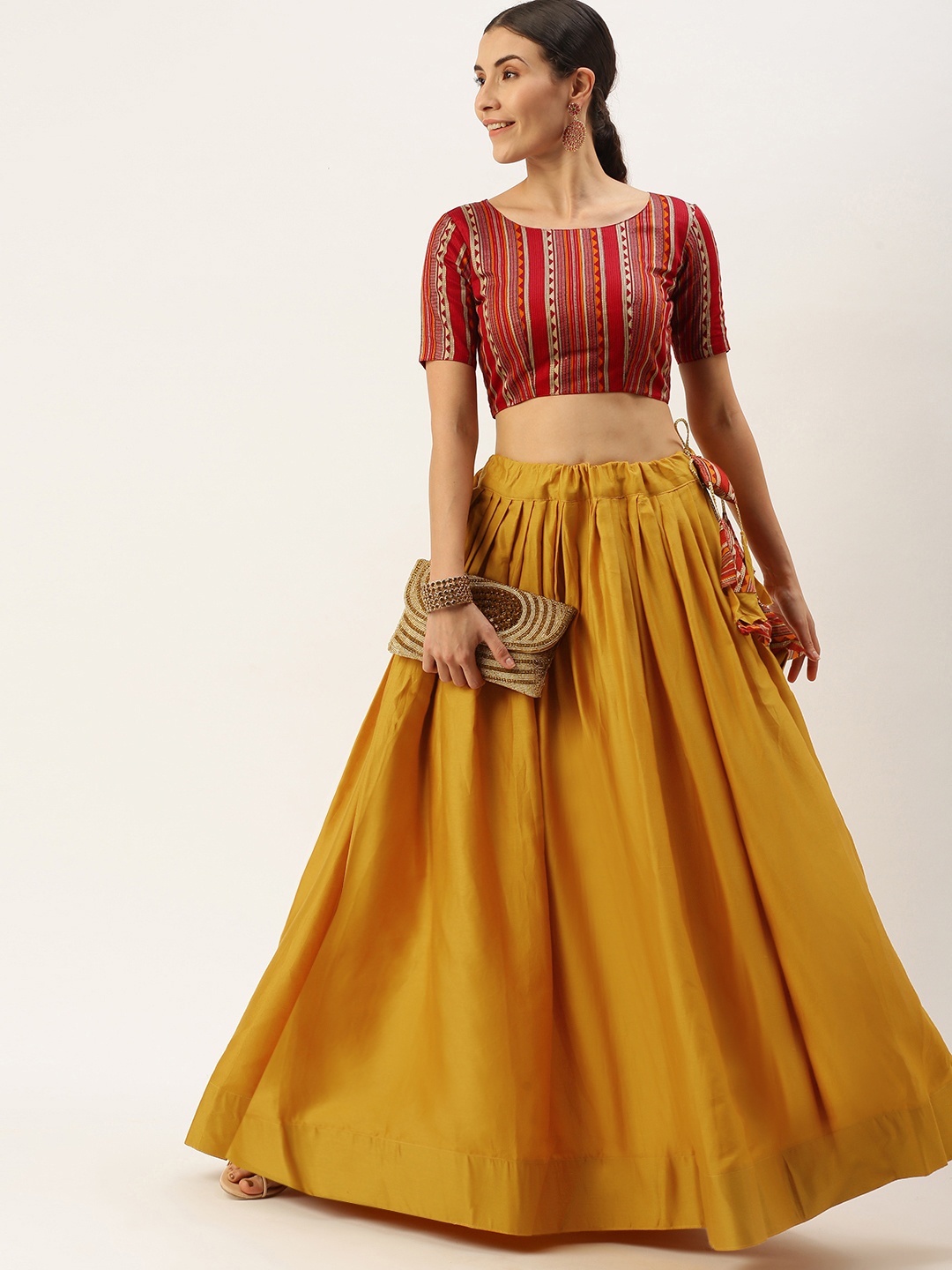 

LOOKNBOOK ART Mustard & Multicoloured Printed Semi-Stitched Lehenga Set