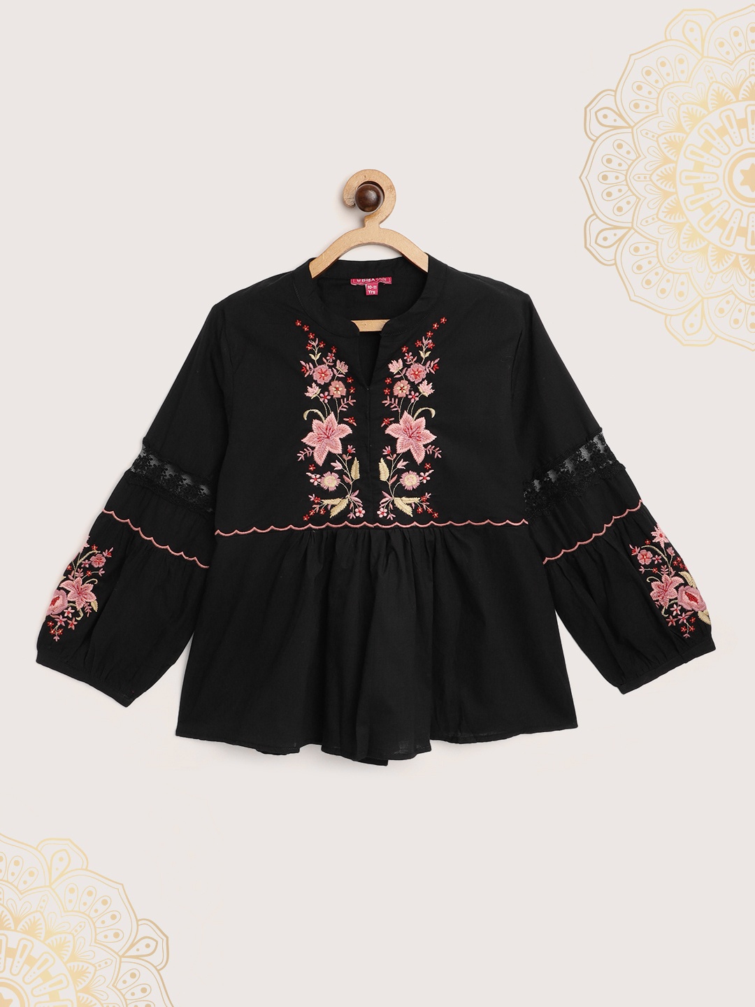 

Biba Girls Black & Pink Cotton Floral Embroidered A-Line Top