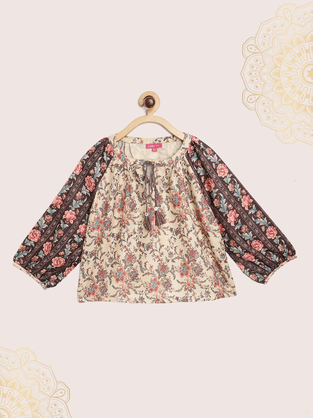 

Biba Girls Cream-Coloured & Black Ethnic Print Tie-Up Neck Top